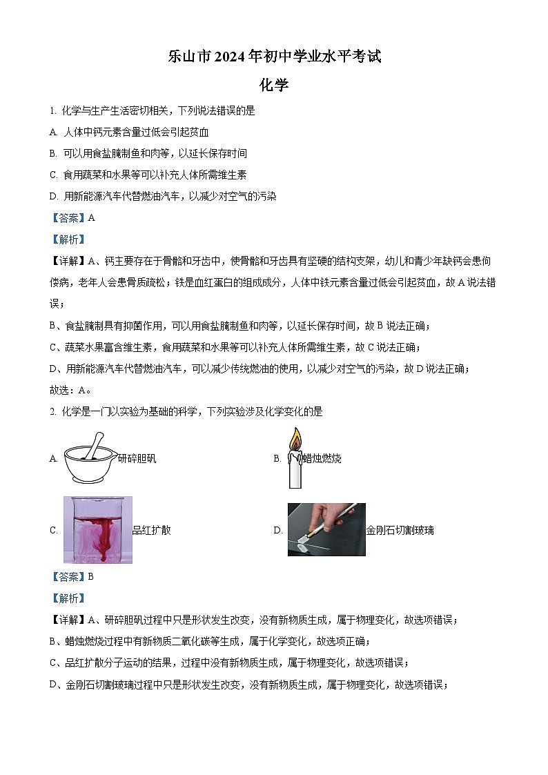 2024年四川省乐山市中考化学真题(解析版)第1页