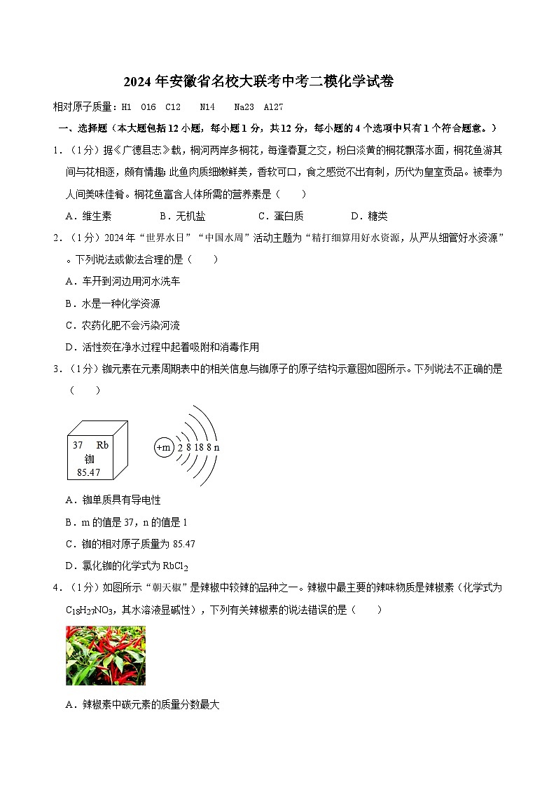 2024年安徽省名校大联考中考二模化学试卷第1页