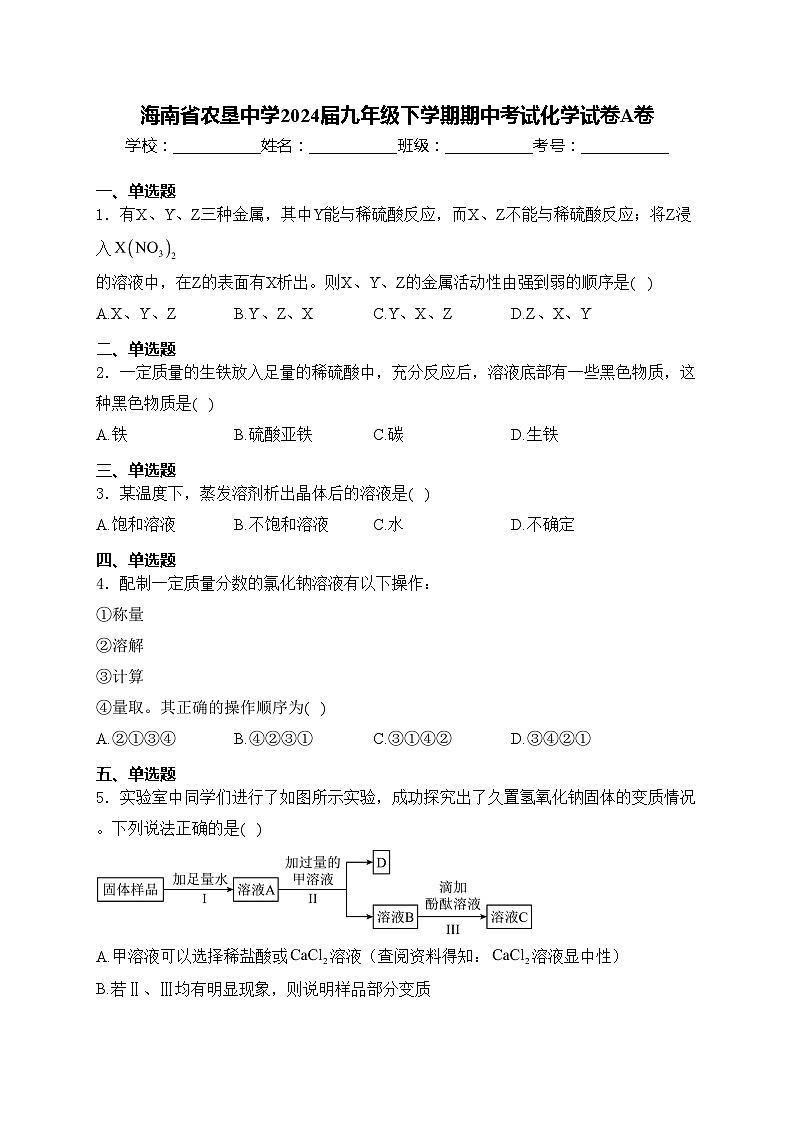 海南省农垦中学2024届九年级下学期期中考试化学试卷A卷(含答案)01