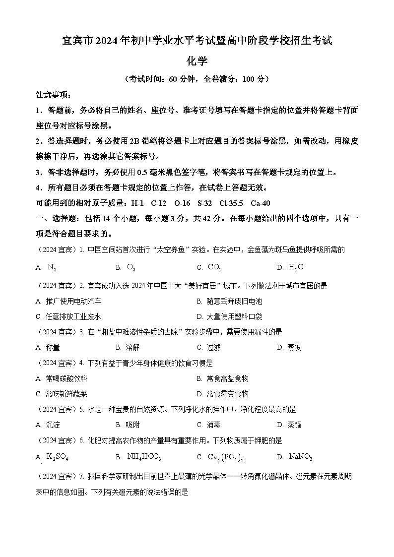 2024年四川省宜宾市中考化学真题01
