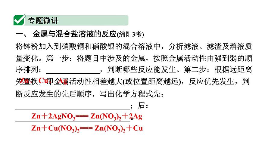 2024四川中考化學(xué)二輪復(fù)習(xí)微專題6 金屬與鹽溶液反應(yīng)后濾液、濾渣成分的判斷 （課件）第2頁