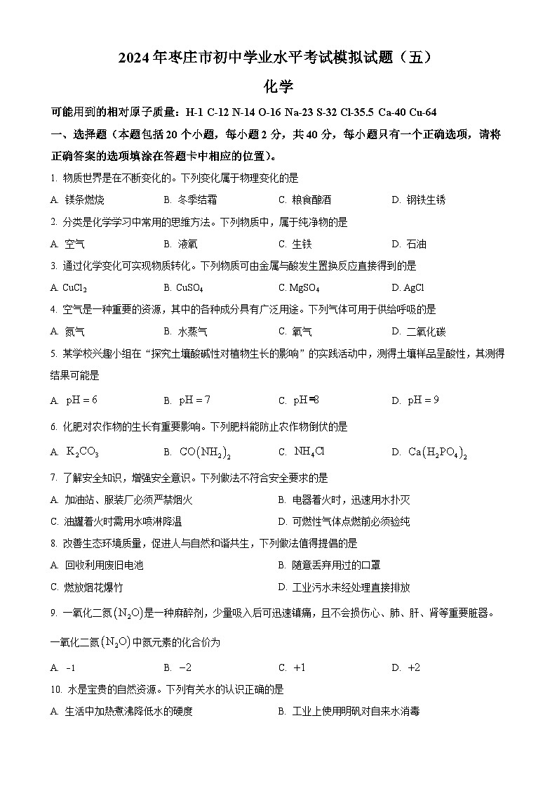 2024年山东省枣庄市山亭区翼云中学中考模拟考试化学试卷(原卷版)第1页