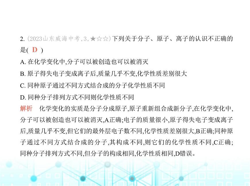 滬教版初中九年級化學(xué)上冊專項素養(yǎng)鞏固訓(xùn)練卷(一)分子、原子、離子和元素課件第3頁