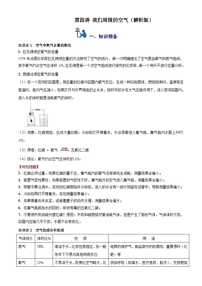 第四讲:我们周围的空气(原卷版+解析版)-【暑假弯道超车】2024-2025学年九年级化学上册暑假讲义+习题(人教版2024)01