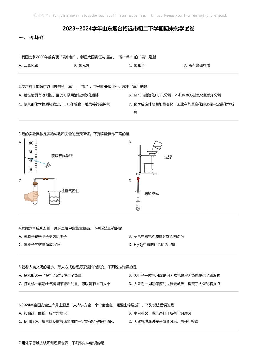 [化学][期末]2023_2024学年山东烟台招远市初二下学期期末化学试卷