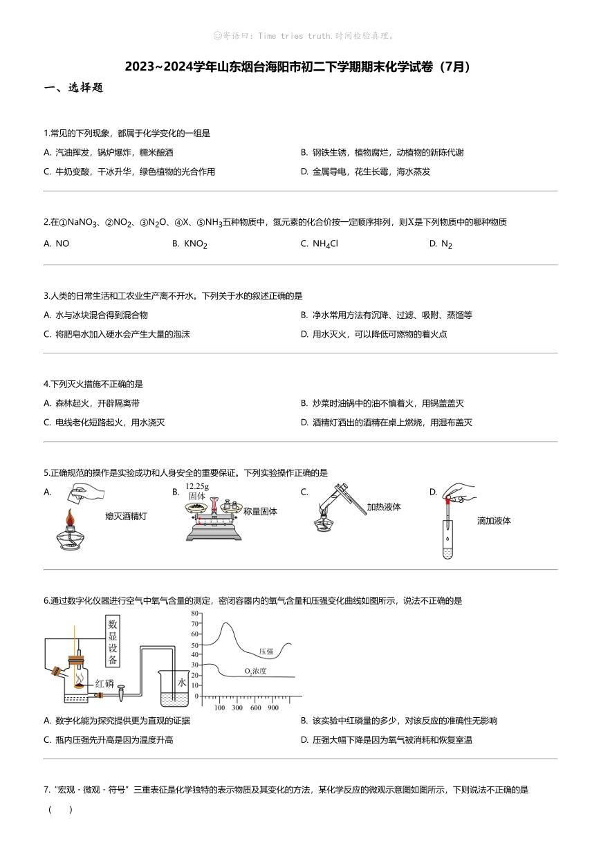 [化学][期末]2023_2024学年山东烟台海阳市初二下学期期末化学试卷(7月)