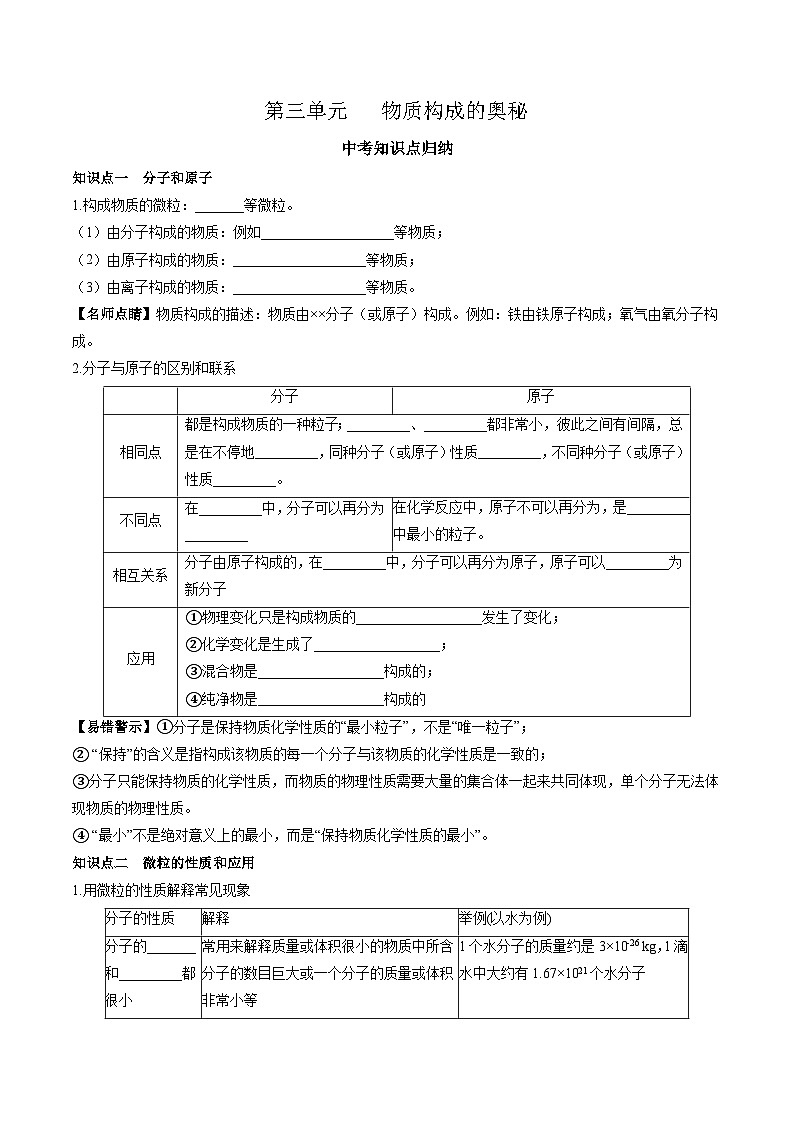 第三单元 物质构成的奥秘-【大单元复习】2024年中考化学一轮复习必考知识梳理与考法点拨(人教版)(学生版)第1页