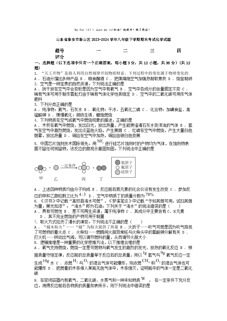 [化学][期末]山东省泰安市泰山区2023-2024学年八年级下学期期末考试化学试题