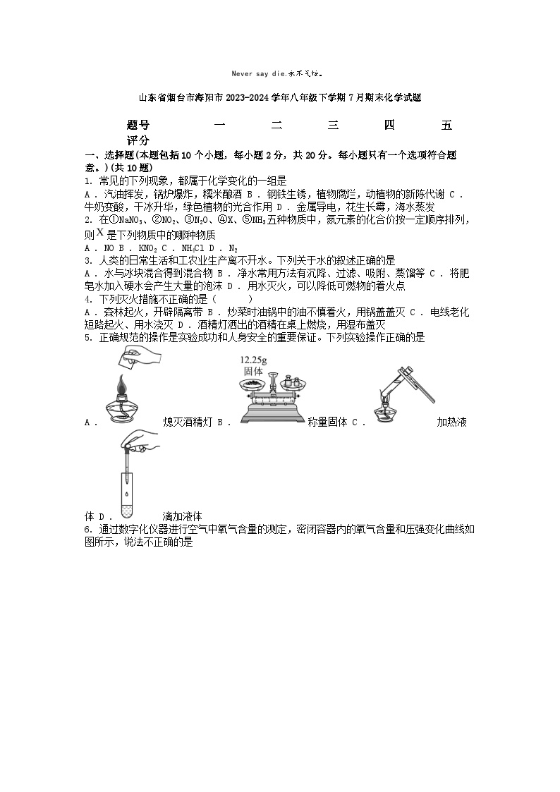 [化学][期末]山东省烟台市海阳市2023-2024学年八年级下学期7月期末化学试题