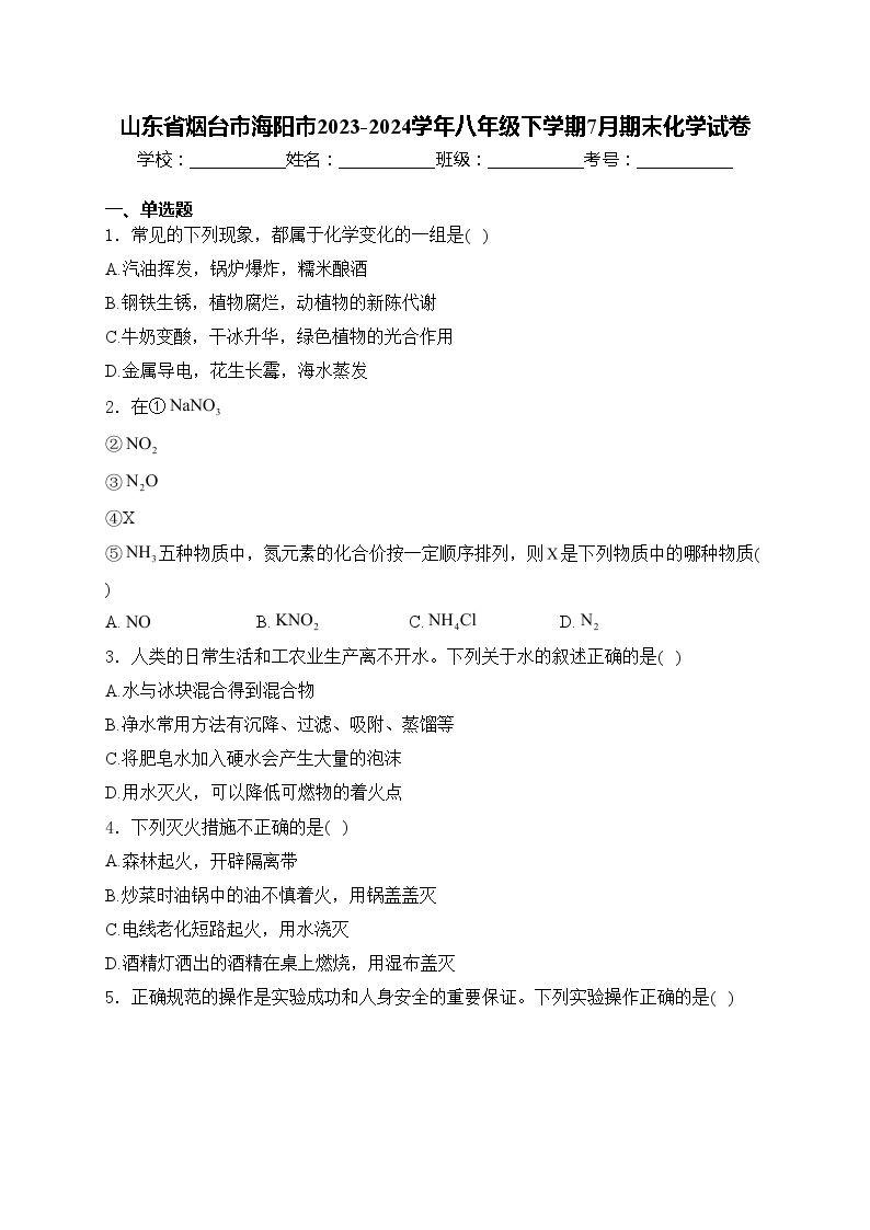 山东省烟台市海阳市2023-2024学年八年级下学期7月期末化学试卷(含答案)