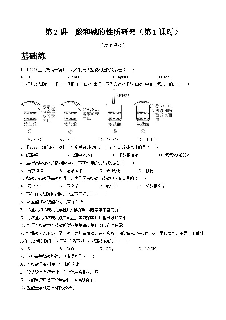 沪教版化学九年级下册 5.2 酸和碱的性质研究(第1课时)(分层练习)01