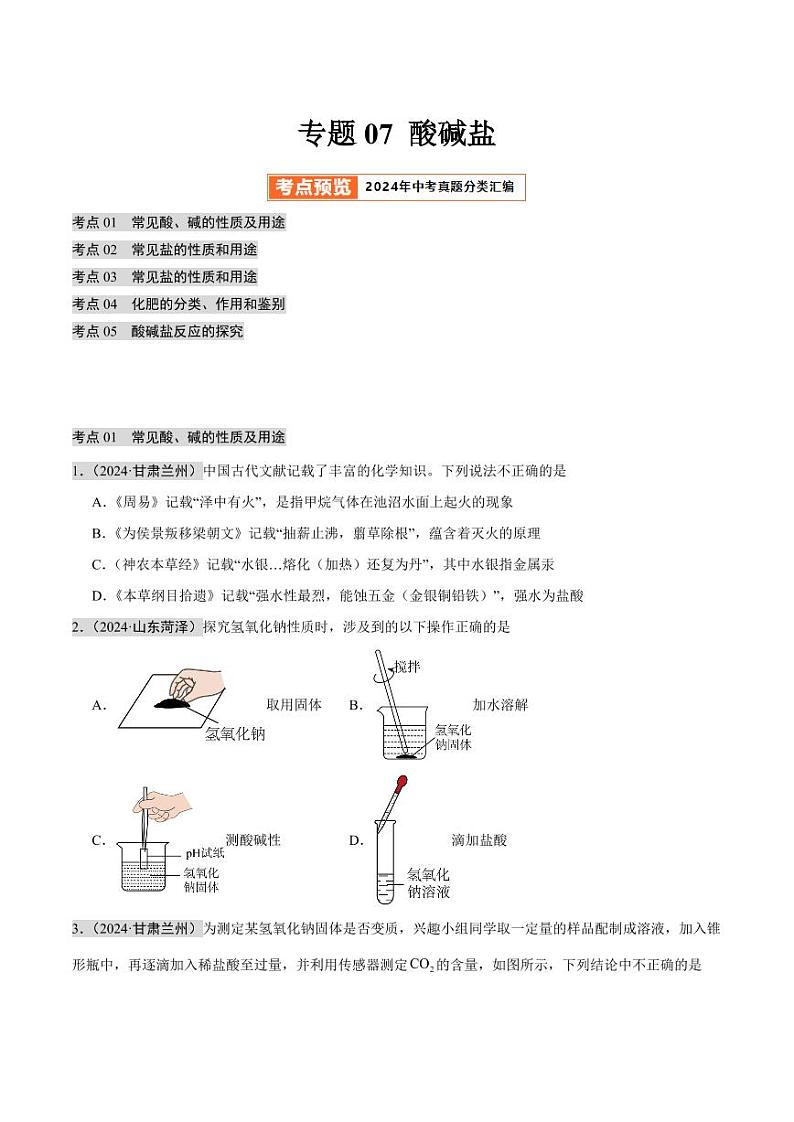 专题07 酸碱盐(第02期)(含答案) 2024年中考化学真题分类汇编(全国通用)第02期01