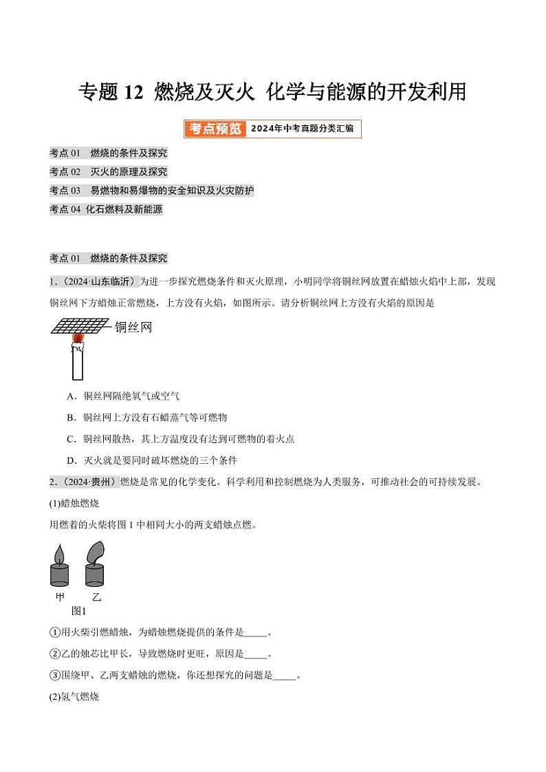 专题12 燃烧及灭火 化学与能源的开发利用(第02期)(含答案) 2024年中考化学真题分类汇编(全国通用)第02期01