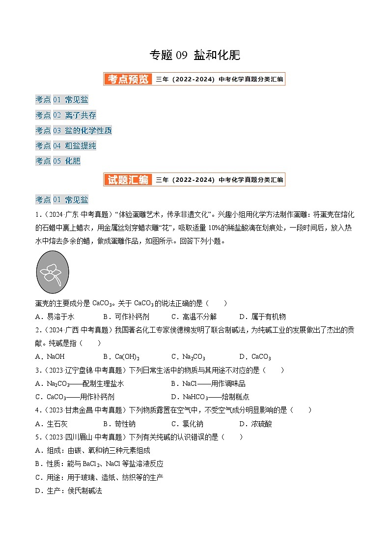 三年(2022-2024)中考化学真题分类汇编(全国通用)专题09 盐和化肥(原卷版)第1页