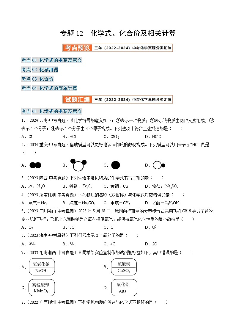 三年(2022-2024)中考化学真题分类汇编(全国通用)专题12 化学式、化合价及相关计算(原卷版)01