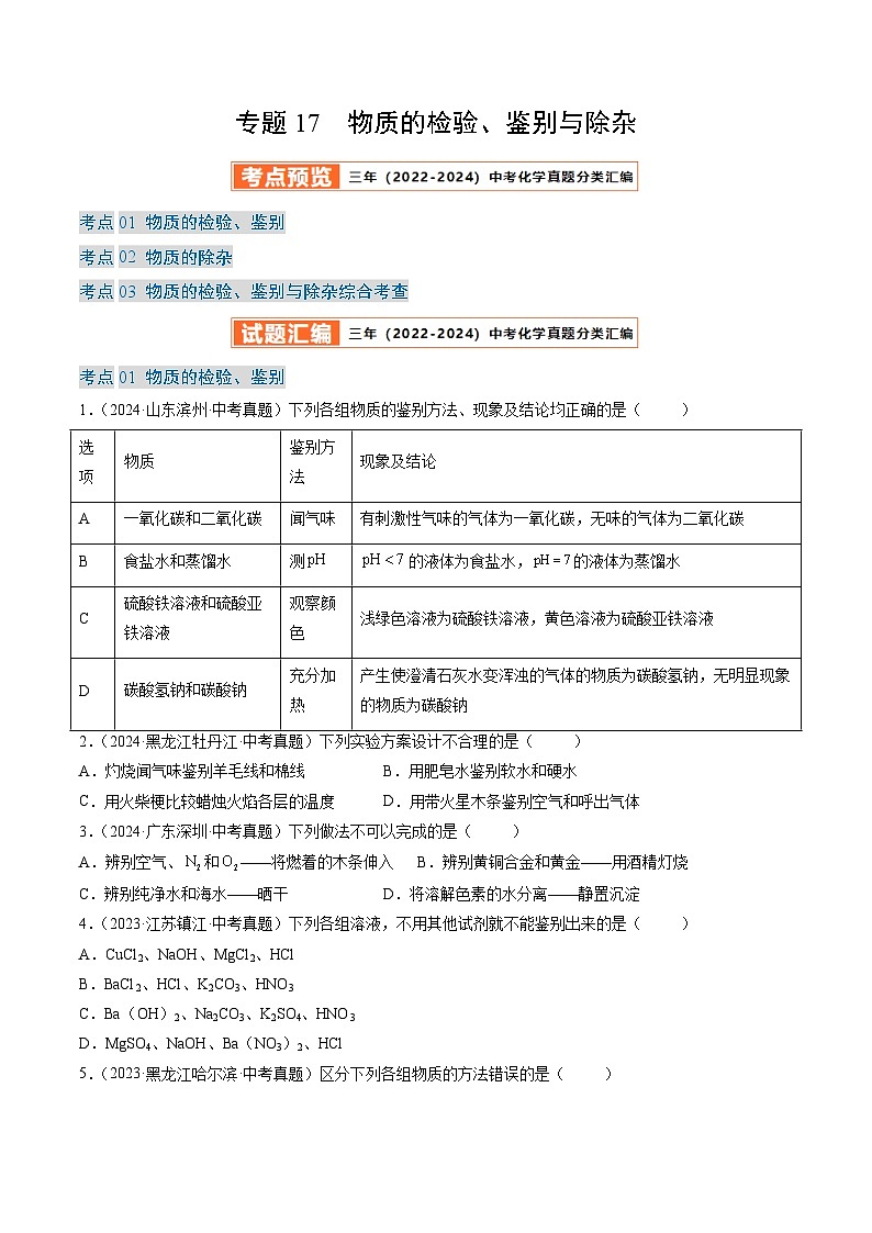 三年(2022-2024)中考化学真题分类汇编(全国通用)专题17 物质的检验、鉴别与除杂(原卷版)第1页