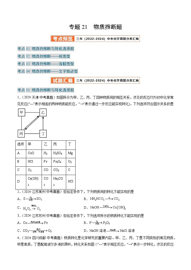 三年(2022-2024)中考化学真题分类汇编(全国通用)专题21 物质推断题(原卷版)第1页