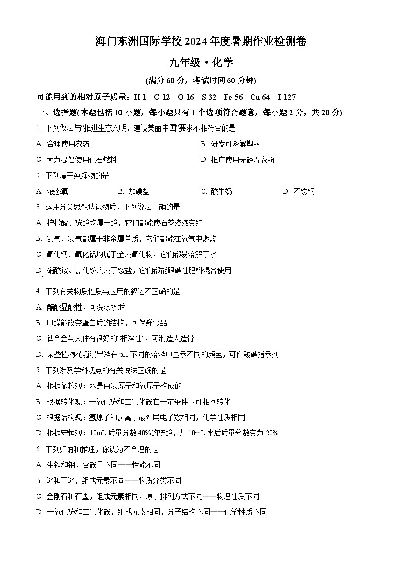 江苏省南通市海门区东洲国际学校2024-2025学年九年级上学期开学化学试题(原卷版)第1页