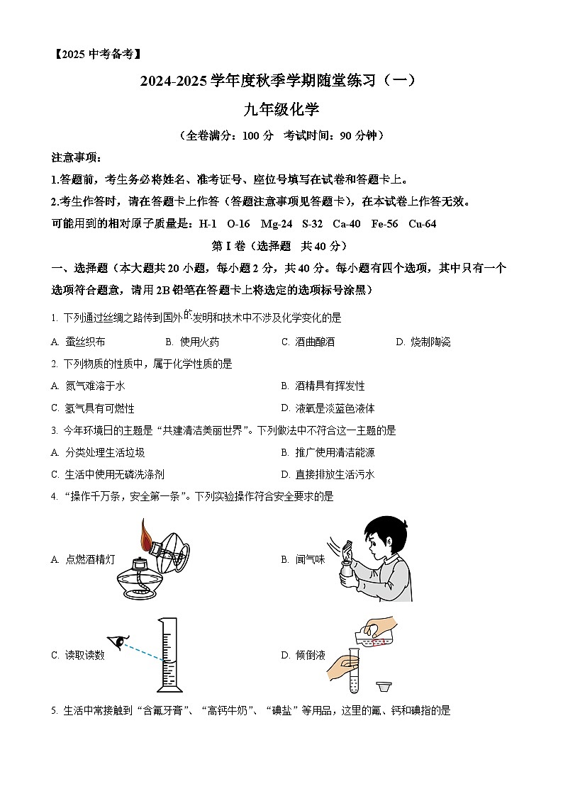 广西南宁市第三中学2024-2025学年九年级上学期开学检测化学试题 (原卷版)第1页