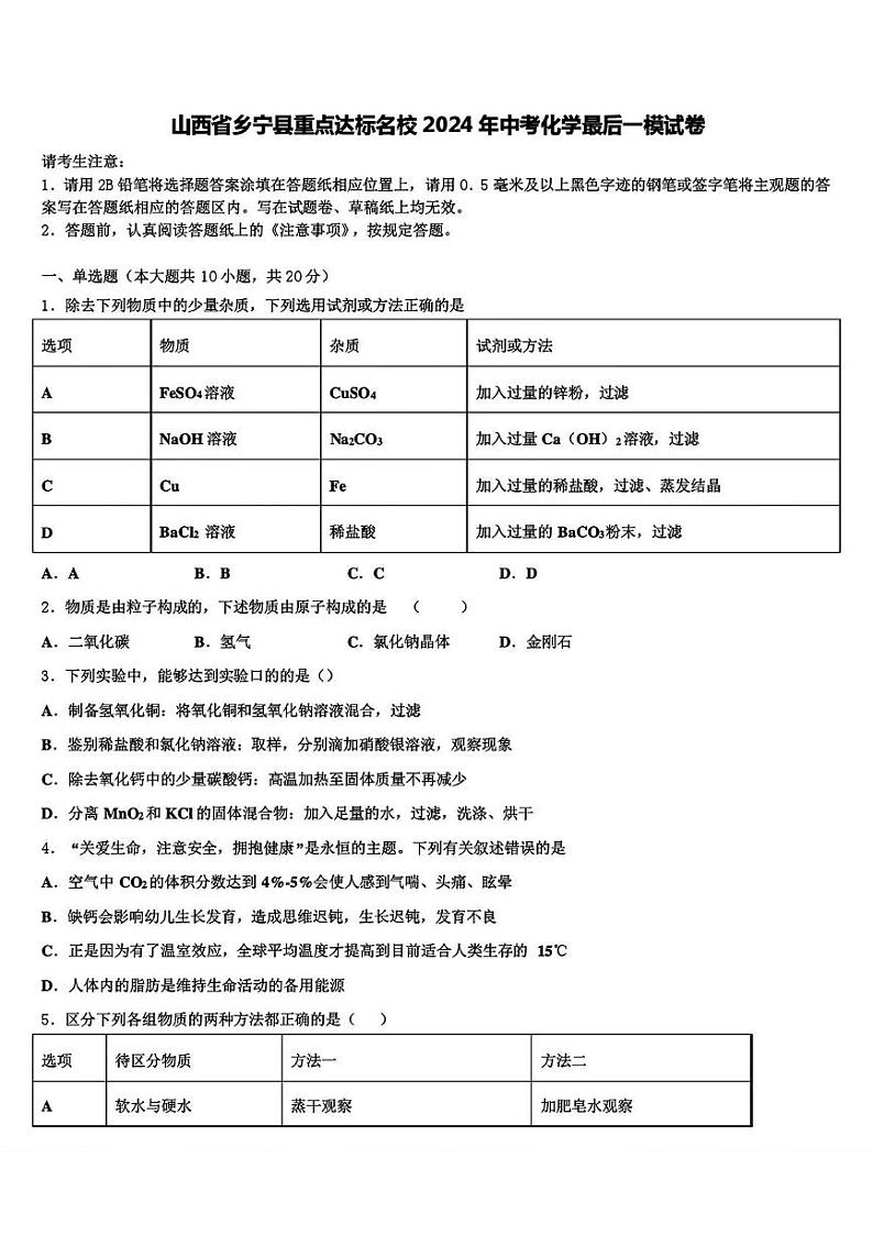 2024年山西省乡宁县重点达标名校中考化学最后一模试卷第1页