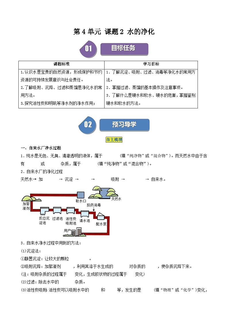 第4单元 课题2 水的净化-2024年初中化学同步讲义(人教版)01