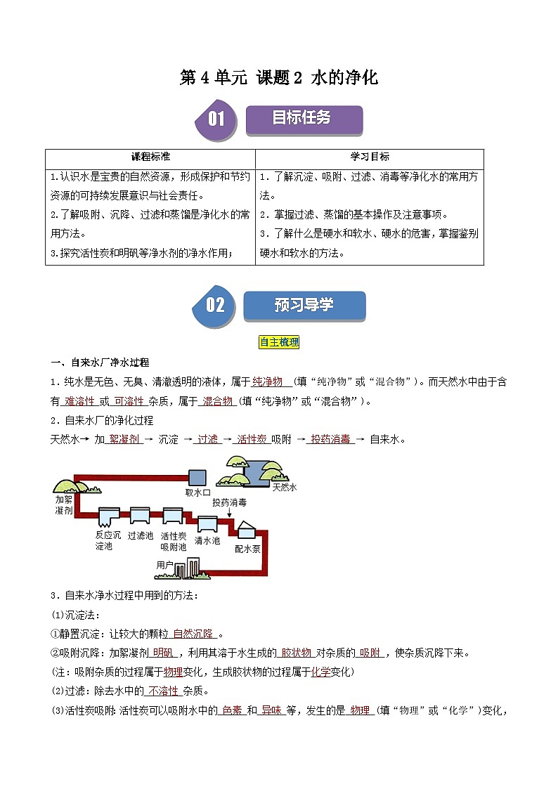 第4单元 课题2 水的净化-2024年初中化学同步讲义(人教版)01