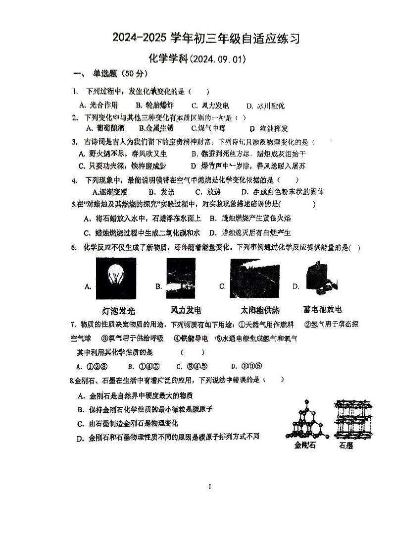 山东省济南市东城逸家初级中学2024-2025学年九年级上学期开学测试化学试题第1页