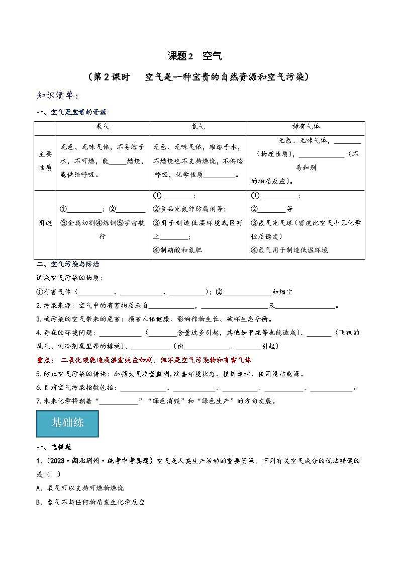 人教版九年级化学上册同步课堂精讲练课题1空气(第2课时)(知识清单+练习)(原卷版+解析)第1页