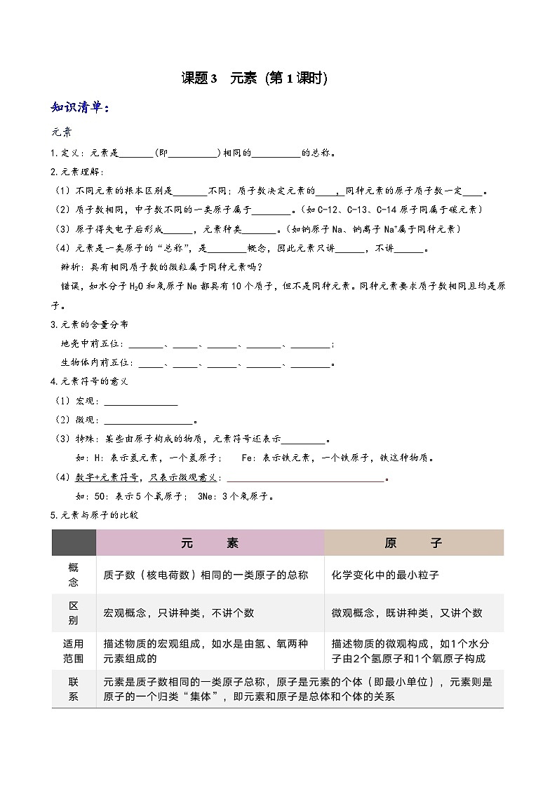 人教版九年级化学上册同步课堂精讲练课题3元素(第1课时)(原卷版+解析)01