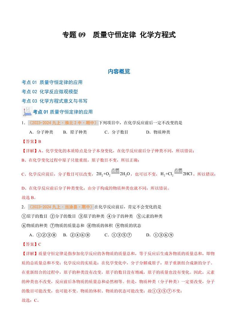 专题09 质量守恒定律 化学方程式(含答案) 备战2024-2025学年九年级化学上学期期中真题分类汇编 练习(安徽专用)01