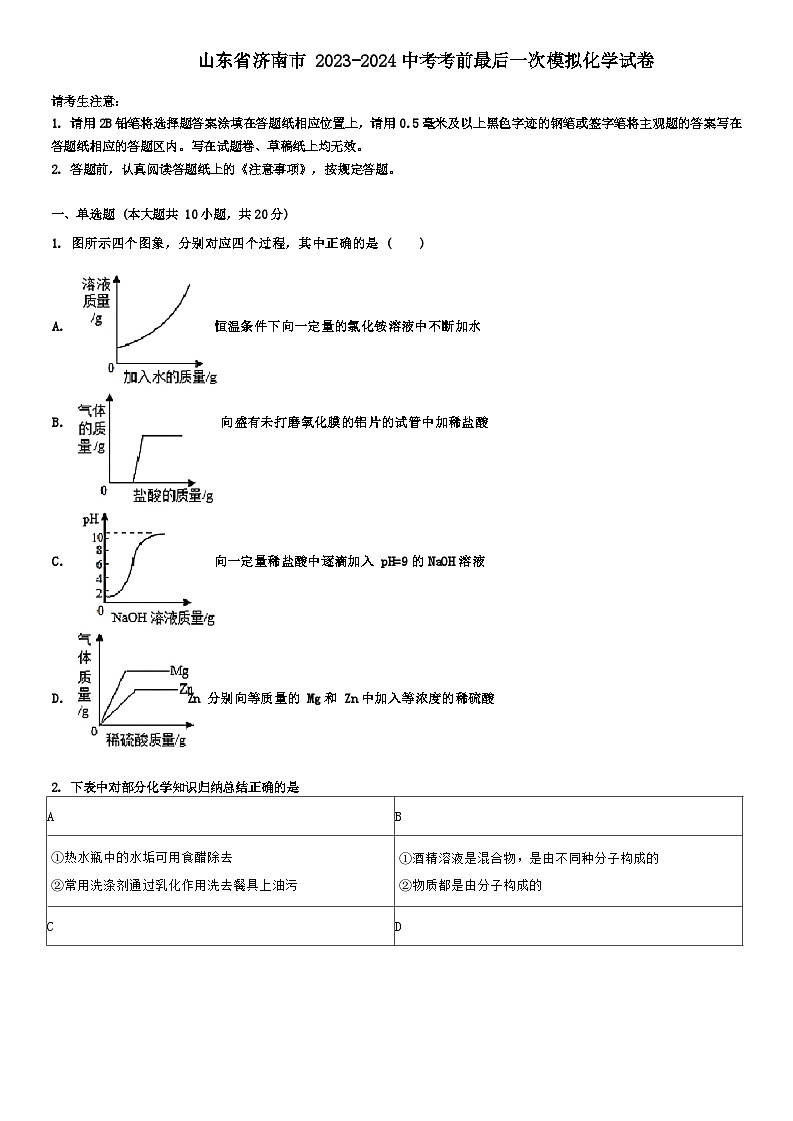 2024年山东省济南市中考考前最后一次模拟化学试卷第1页