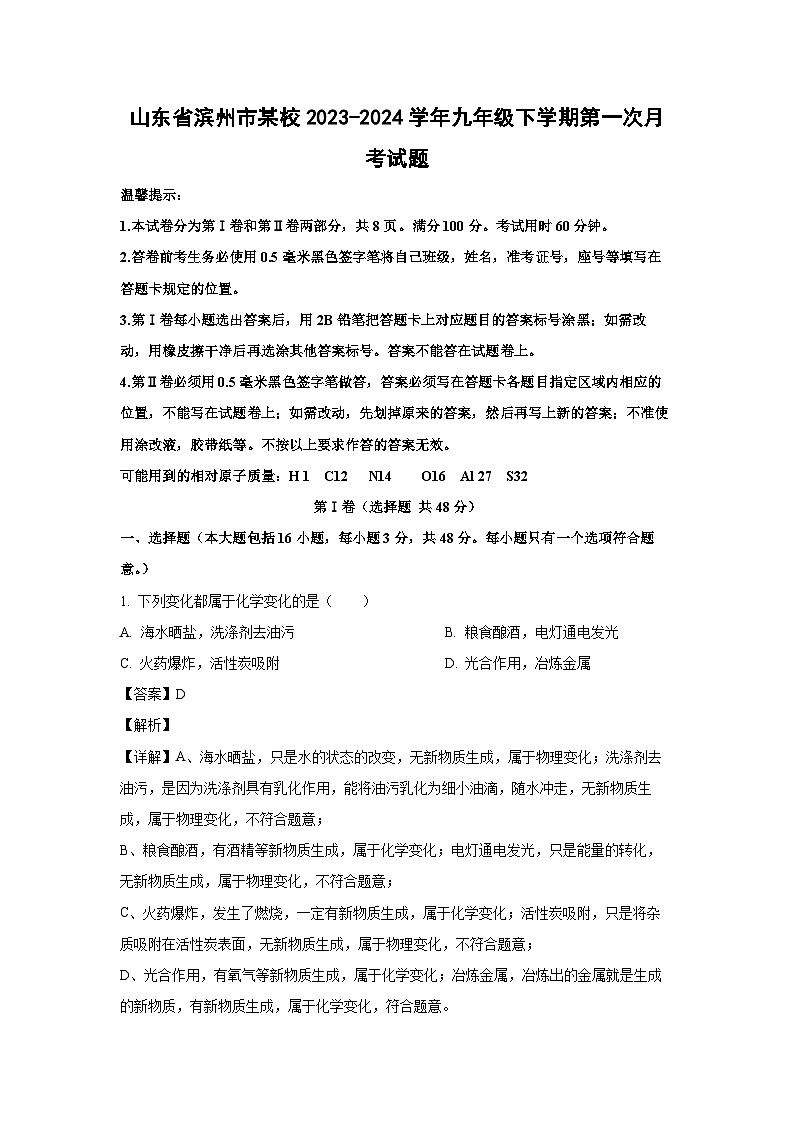 【化学】山东省滨州市某校2023-2024学年九年级下学期第一次月考试题(解析版)01