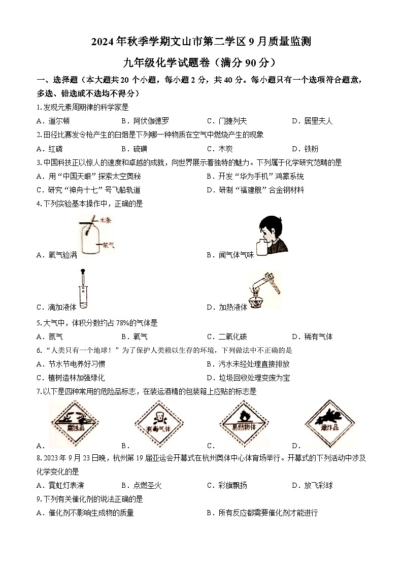 云南省文山州文山市第二学区2024-2025学年九年级上学期9月联考化学试题第1页