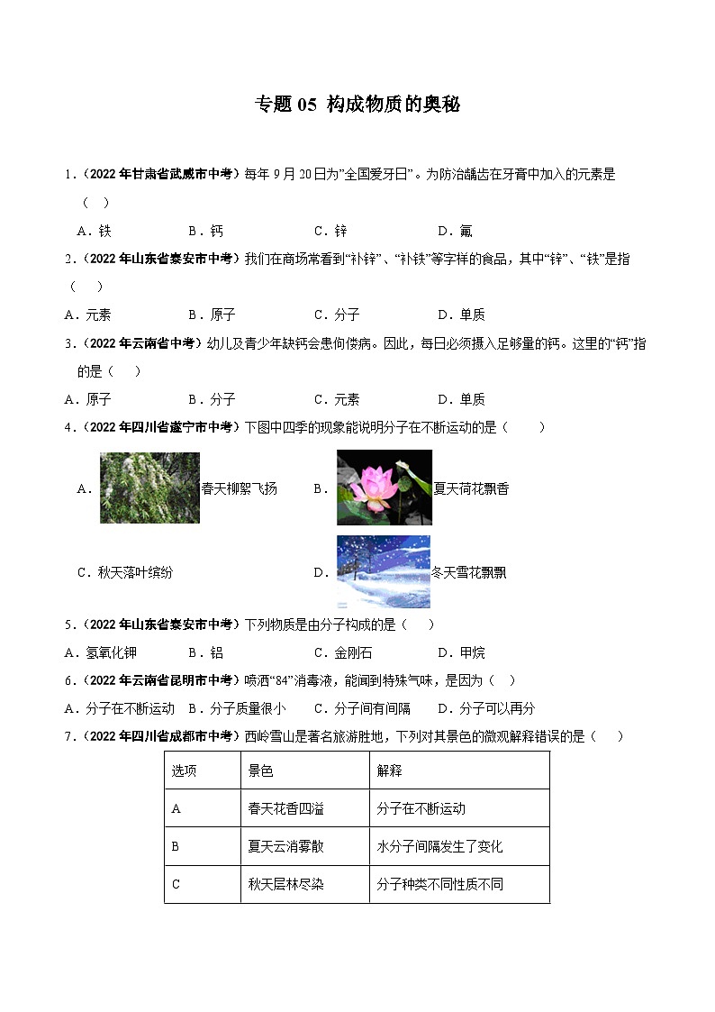 中考化学真题分项汇编(全国通用)(第01期)专题05构成物质的奥秘真题特训(原卷版+解析)第1页