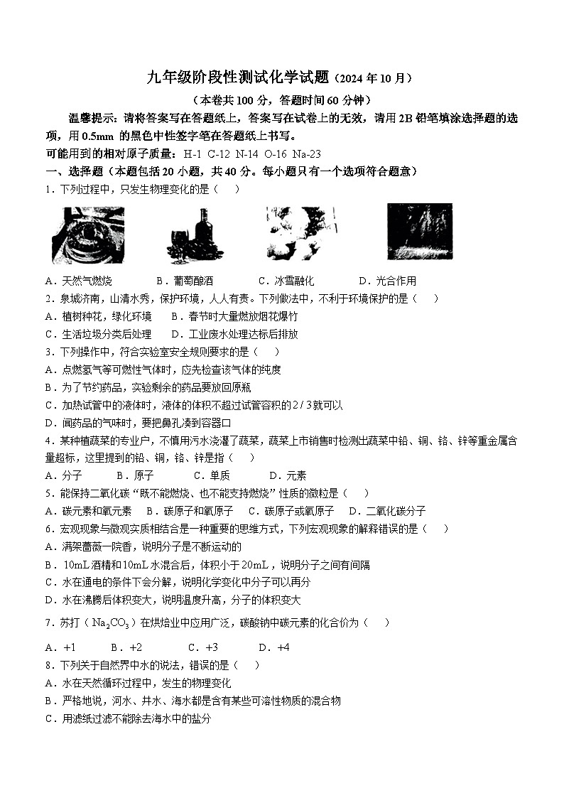山东省济南兴济中学2024-2025学年九年级上学期10月化学阶段考试试卷(无答案)第1页