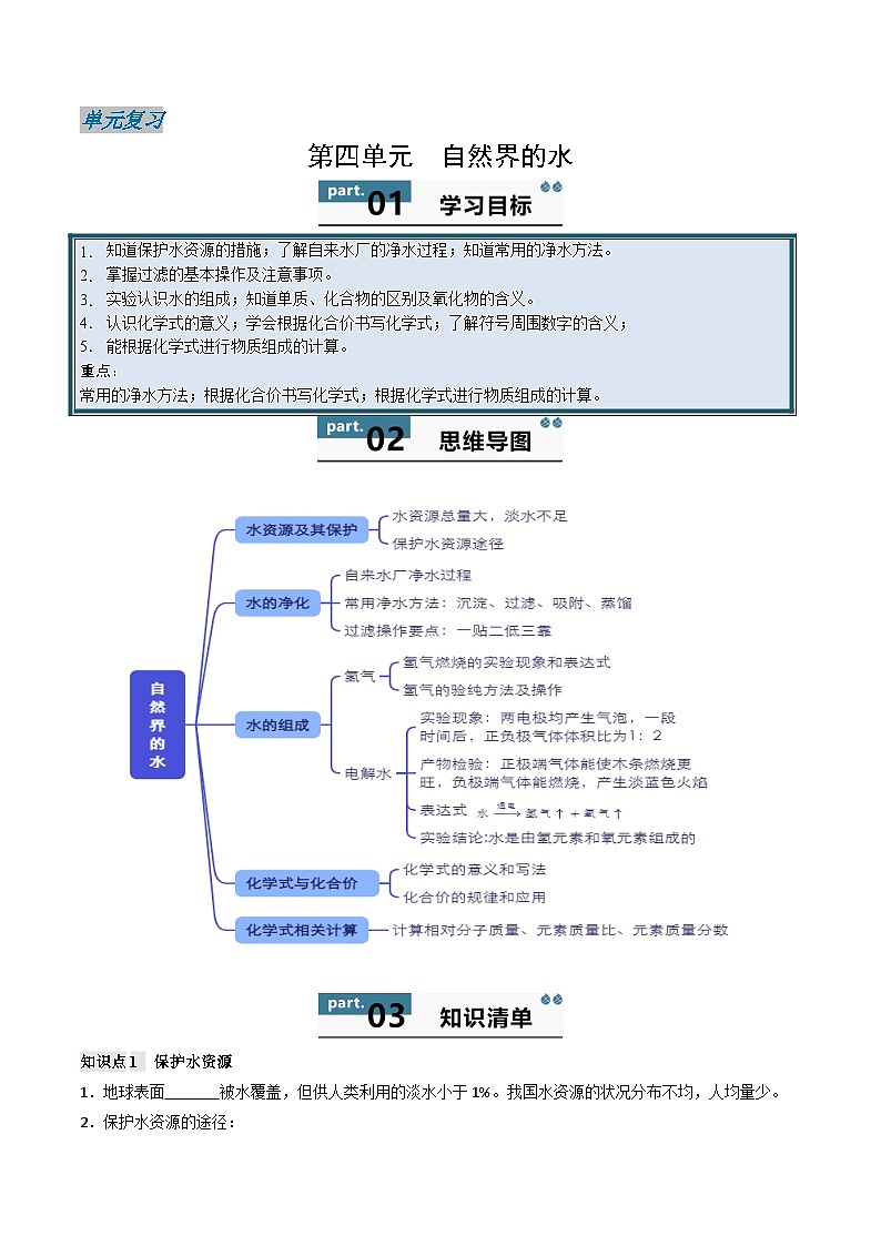 2024人教版初中九年级化学 第四单元 自然界的水(单元复习学案)01