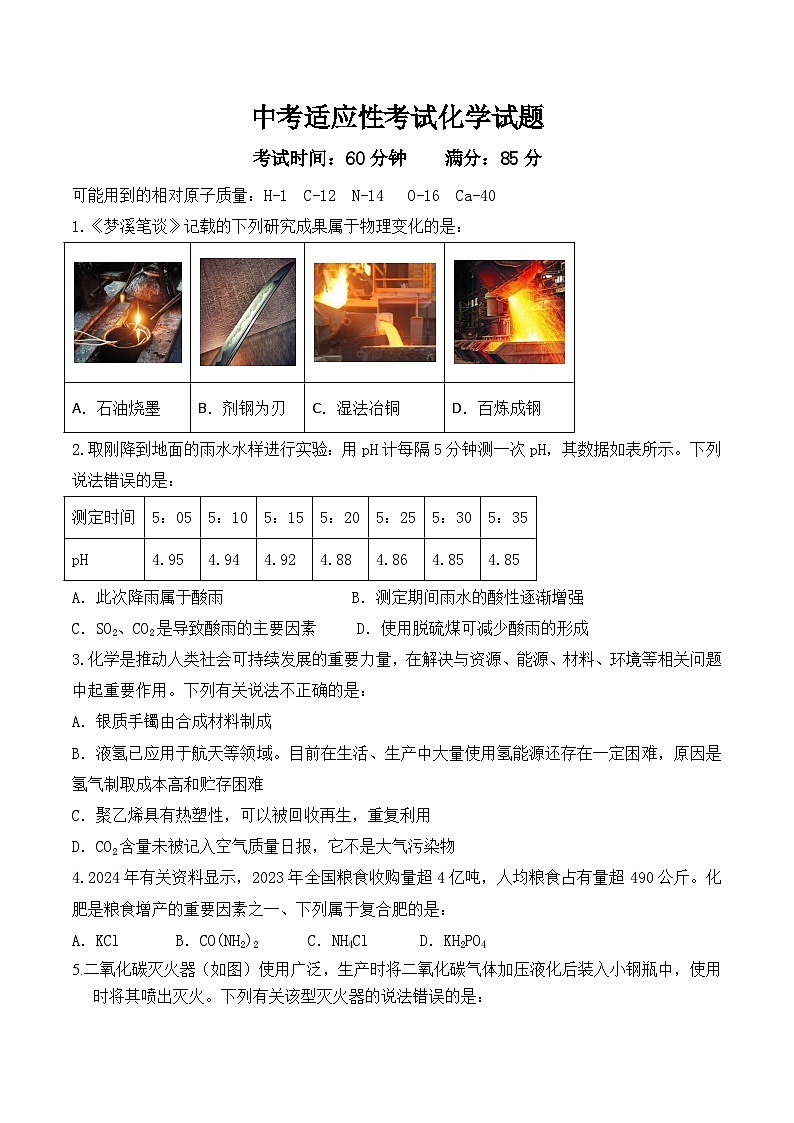 2024年四川省成都市某校中考适应性考试化学试题01