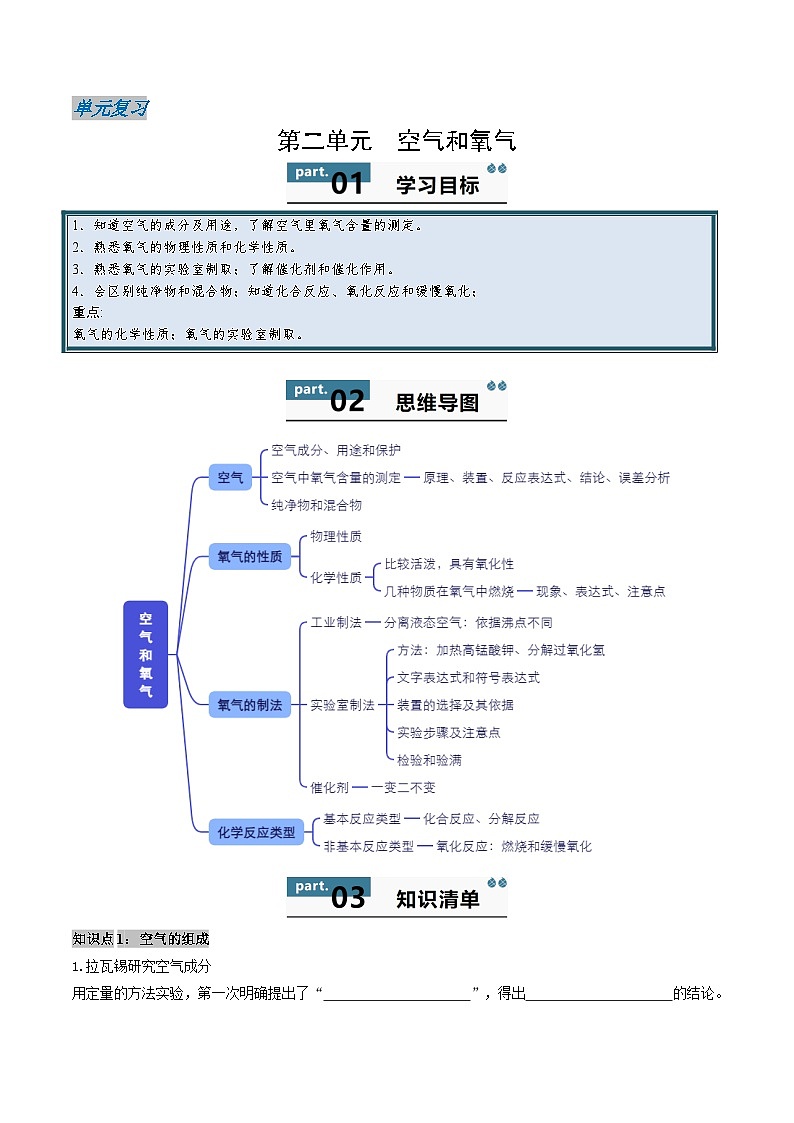 2024人教版初中九年級(jí)化學(xué)  第二單元 空氣和氧氣 （單元復(fù)習(xí)學(xué)案）第1頁