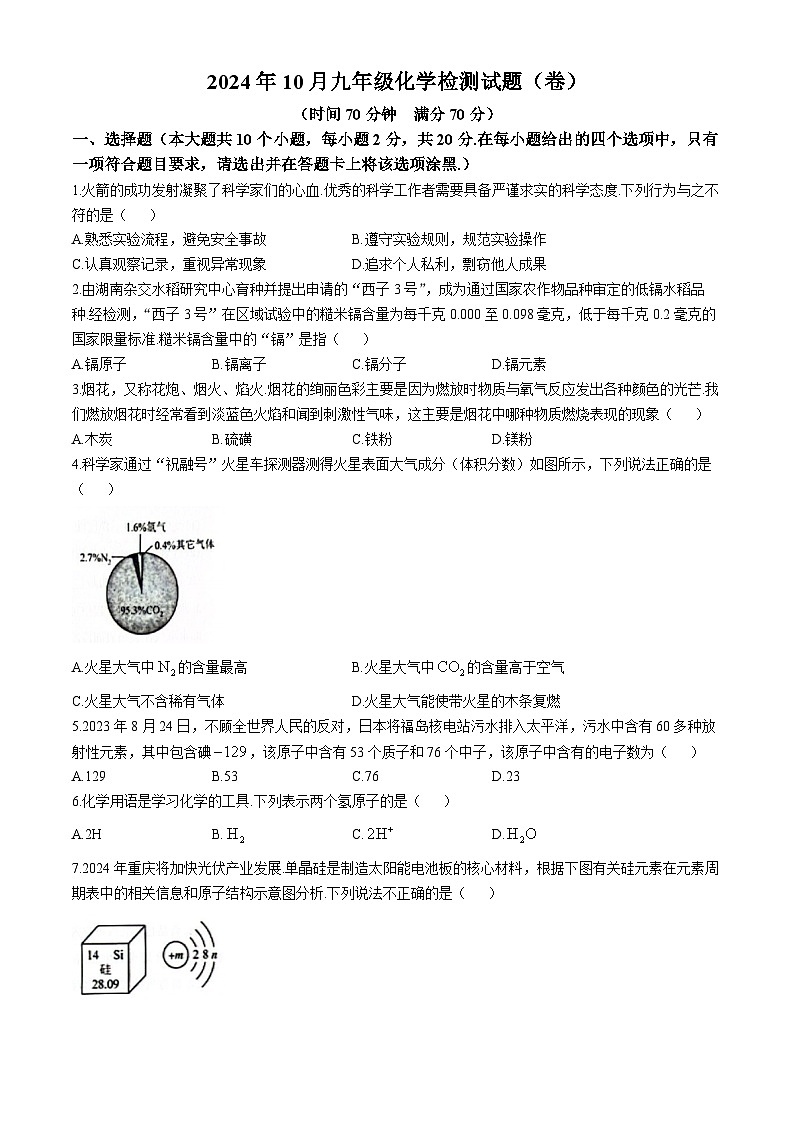 山西省晋中市寿阳县2024-2025学年九年级上学期10月月考化学试题(无答案)第1页