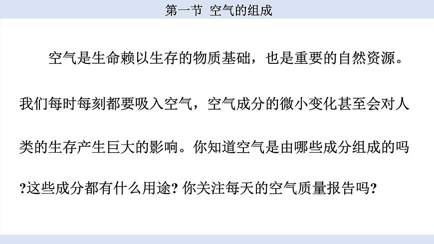 魯教版（2024）初中化學(xué)九年級上冊--4.1 空氣的組成 （課件）第2頁