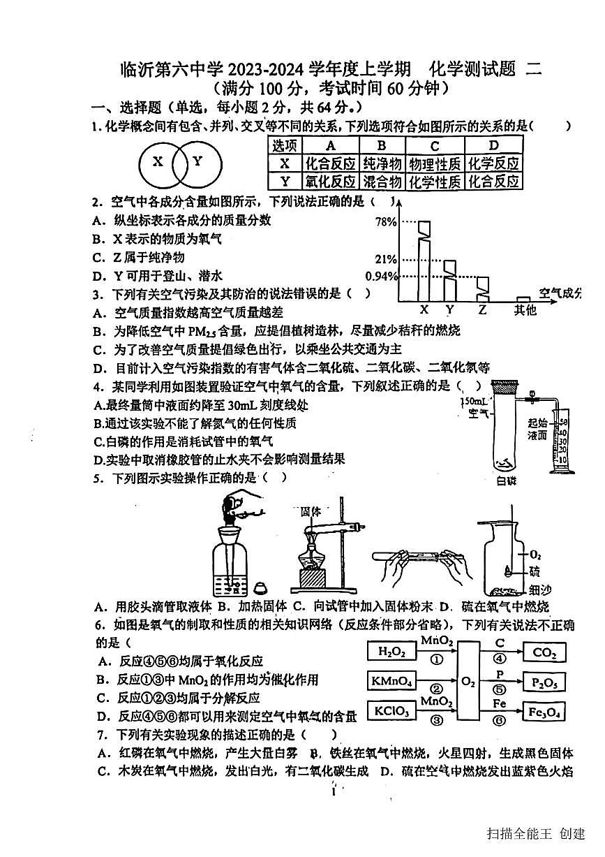 2023-2024学年山东省临沂六中九年级(上)月考化学试卷(10月份).第1页