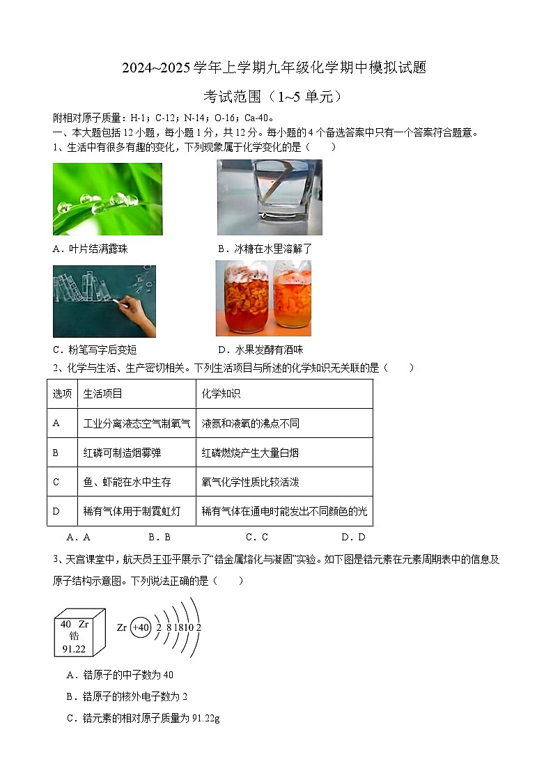 安徽省合肥市庆平希望学校2024~2025学年九年级上学期化学期中模拟试题第1页
