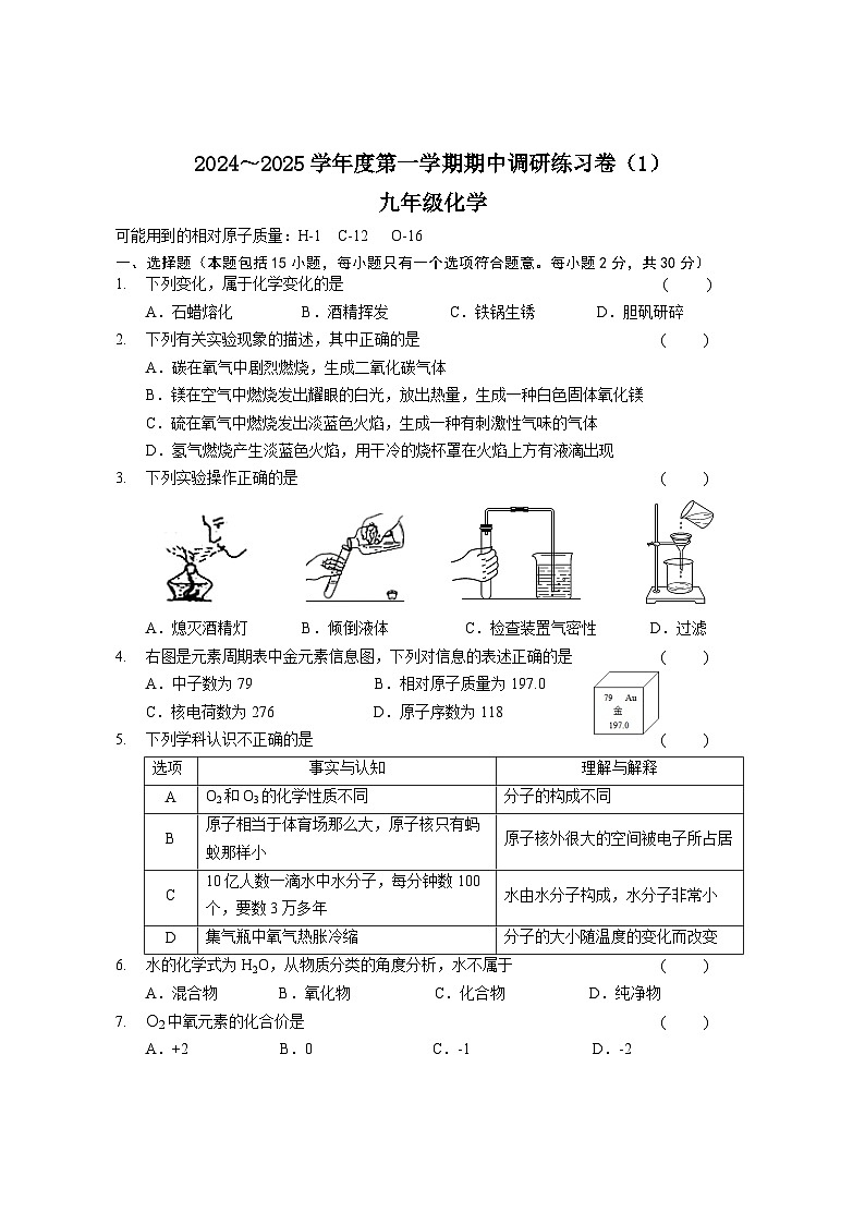 江苏省南京市2024-2025学年九年级上学期化学期中练习卷第1页