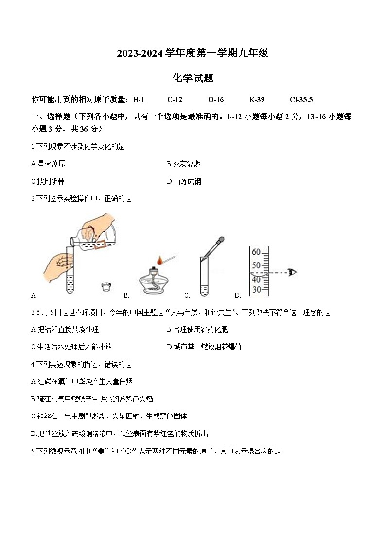 2023-2024学年山东省德州市齐河县马集乡中学九年级(上)期中化学试卷第1页