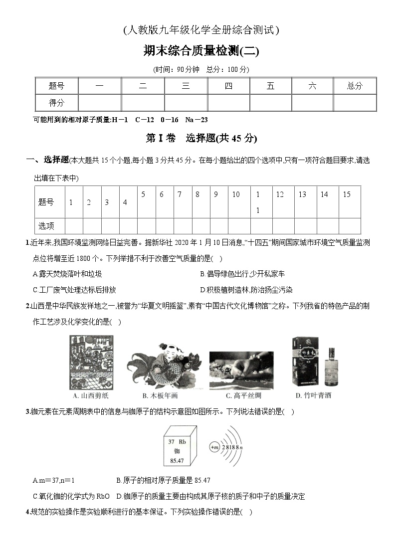 人教版九年级化学全册期末测试卷（二）【含解析】