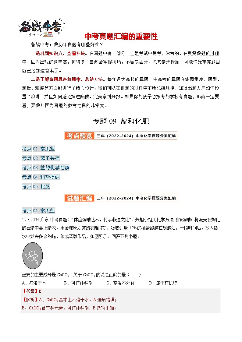 专题09 盐和化肥-【真题汇编】2022-2024年中考化学真题分类汇编(全国通用)01