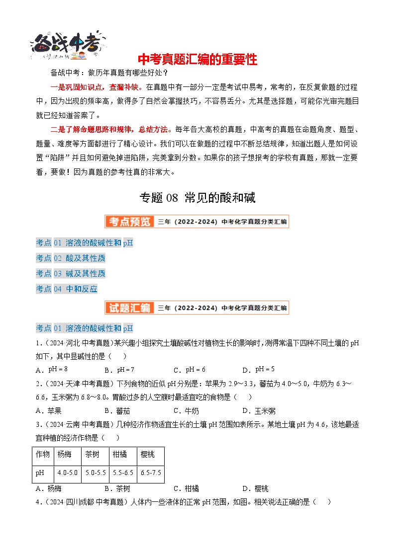 专题08 常见的酸和碱-【真题汇编】2022-2024年中考化学真题分类汇编（全国通用）