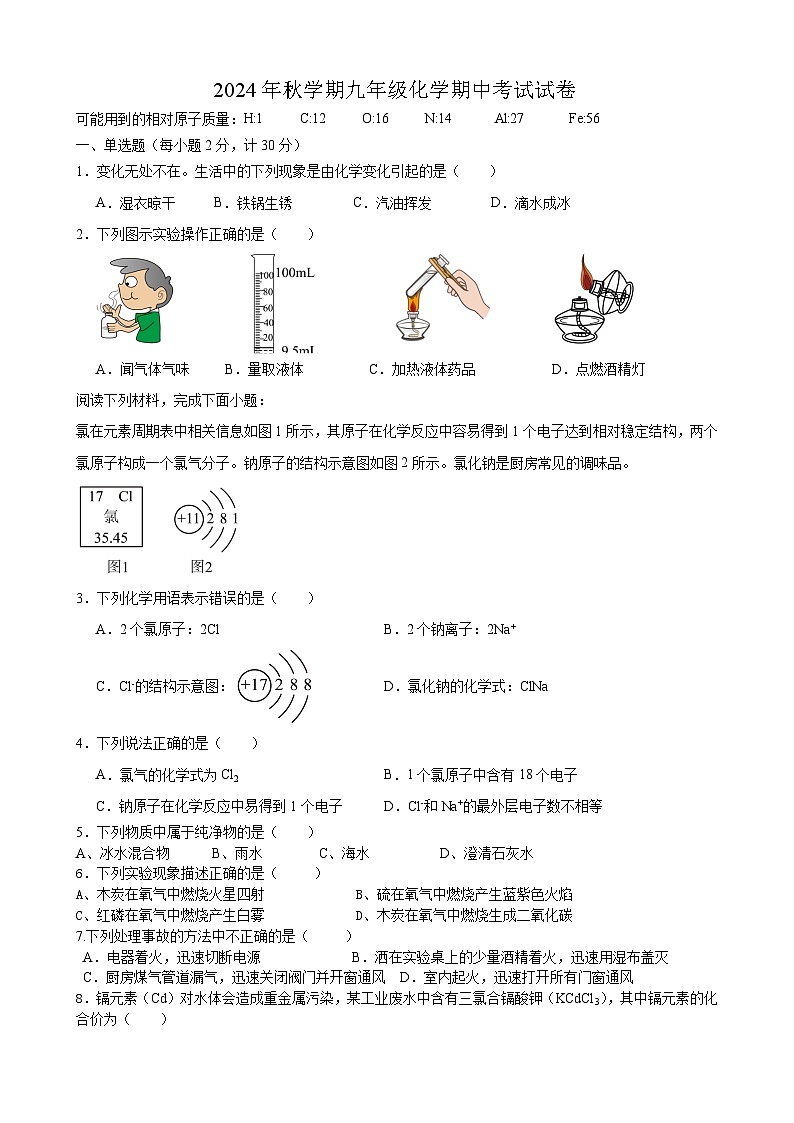 江苏省盐城市大丰区实验初中教育集团2024-2025学年九年级上学期10月期中联考化学试题第1页