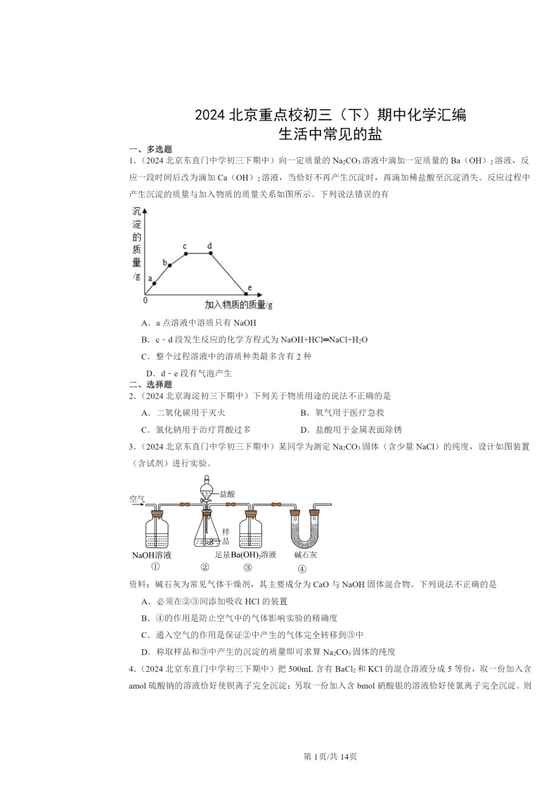 2024北京重点校初三下学期期中化学真题分类汇编：生活中常见的盐