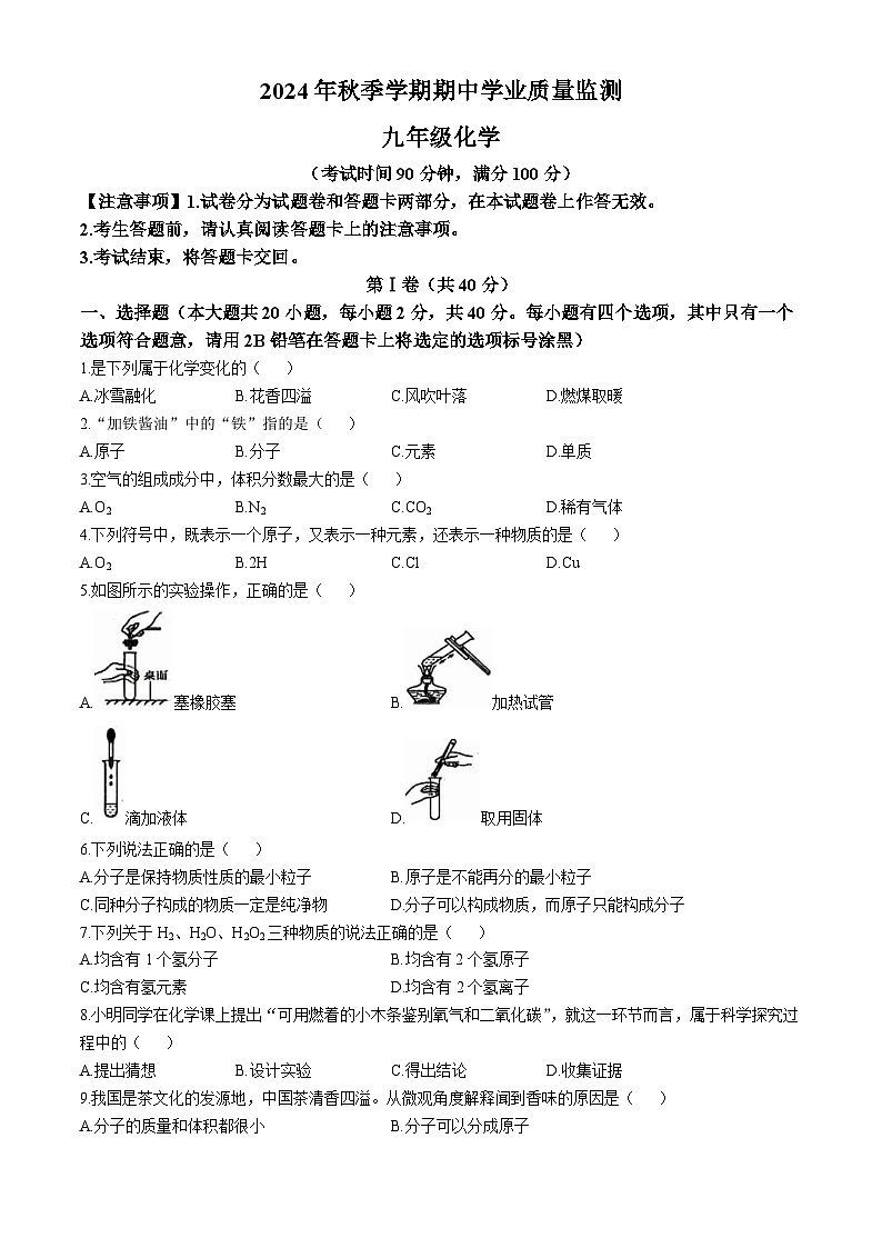 广西壮族自治区钦州市浦北县2024--2025学年九年级上学期10月期中化学试题(无答案)第1页